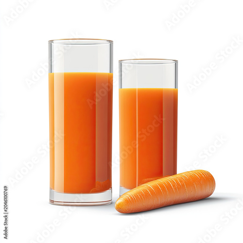 Carrot juice in two glasses with fresh carrot on white background