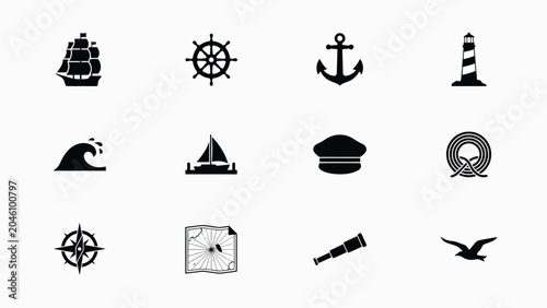 Sailing and maritime symbols ship wheel anchor lighthouse wave boat captain rope compass map telescope bird.
