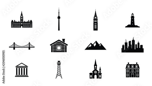 Photography Detailed architectural silhouettes of canadian landmarks and city icons for travel poster