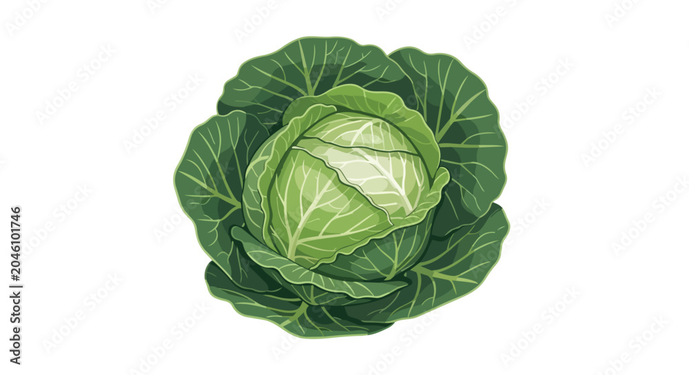 Obraz premium Fresh Raw Green Cabbage Head Organic Vegetable Isolated on White Background Illustration