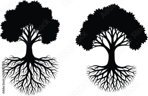 Tree of Life Silhouette Icon Set with Hand Drawn Roots and Minimalist Nature Logo Vector Designs