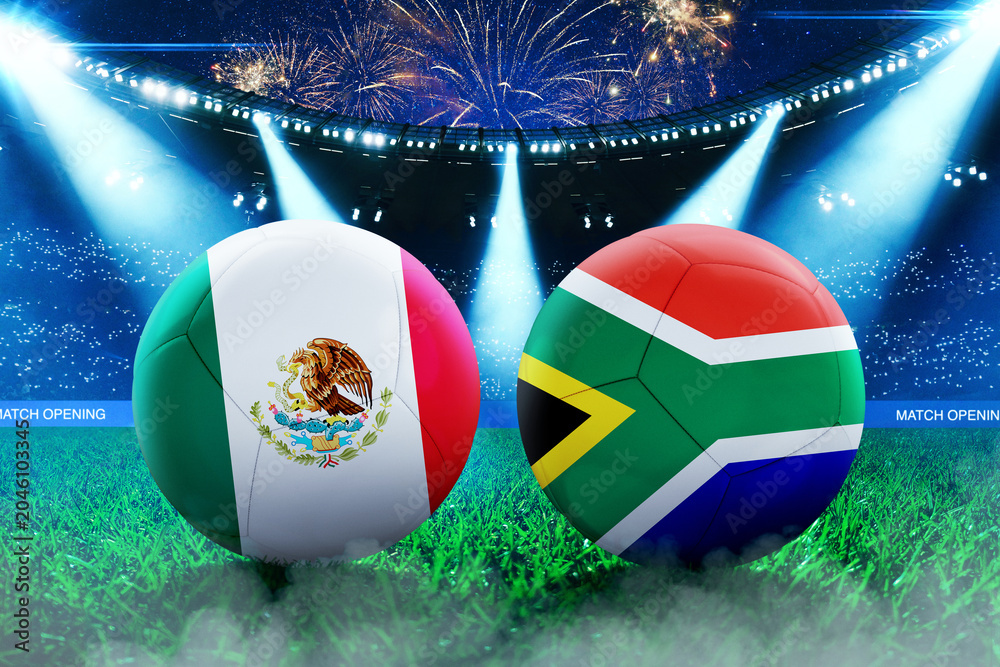 Naklejka premium Soccer balls with Mexico and South Africa flags on a green pitch of a stadium under bright spotlights and festive fireworks during a match opening ceremony. Competition and tournament concept.