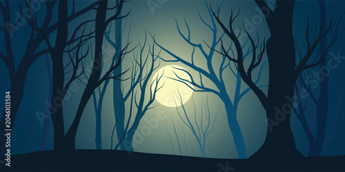 Fotografie scary cartoon horror background featuring bare trees under moonlit night atmosph