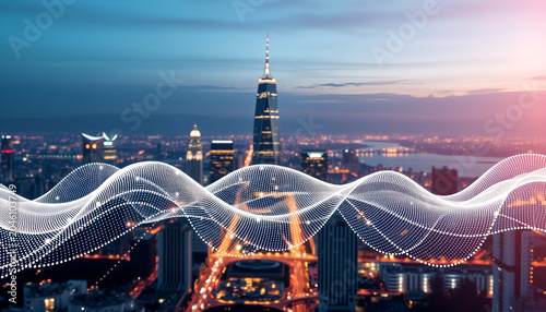 Smart city and abstract dot point connect with gradient line and aesthetic Intricate wave line design