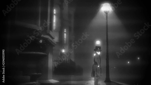 Noir detective under a streetlamp - Black and White (Version 1)