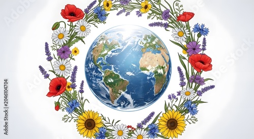 Vibrant floral wreath encircles the earth symbolizing global harmony and environmental beauty in a colorful illustration