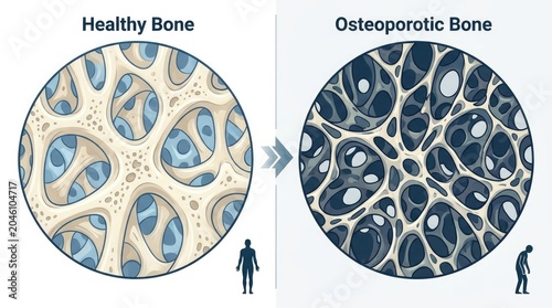 Bone health progression: osteoporosis ailment, mineral decline, internal structure, trabecular damage, weakness develop, fragility increase, fracture cause, senior body, medical issue.