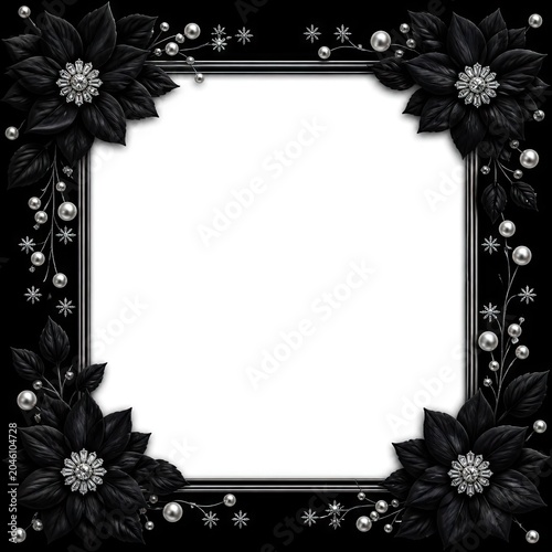 Dark card with golden botanical designs in corners against a matte black background, leaving center space empty