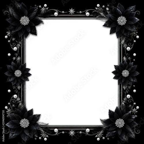 Square frame with black flowers, silver ornaments, and snowflake-like designs surrounding a white center
