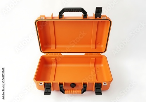 Open empty orange hard protective equipment case with black latches