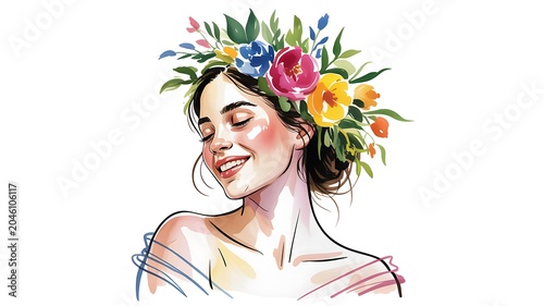 Happy woman wearing a vibrant floral crown with closed eyes and a gentle smile