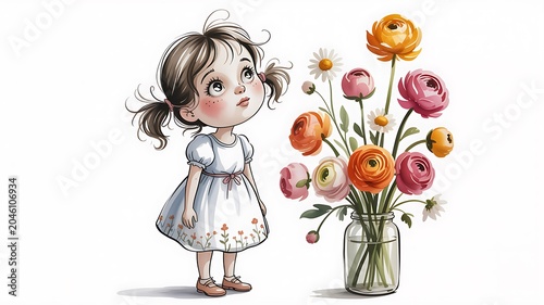 Innocent girl in white dress gazing left at vibrant spring flowers