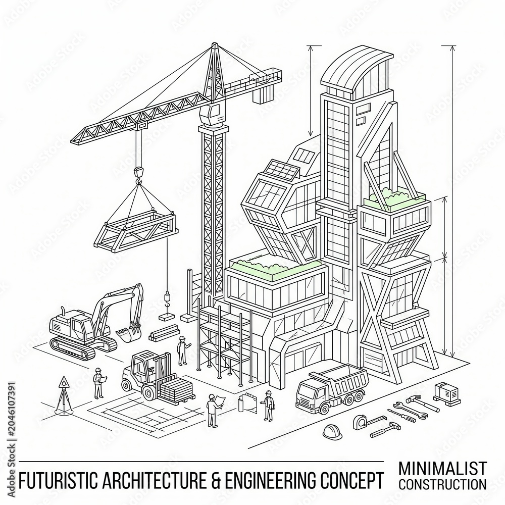 Fototapeta premium Minimalist Futuristic Architecture and Engineering Isometric Blueprint Design with Construction Crane