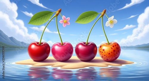 Four cherries on a small island in a serene lake