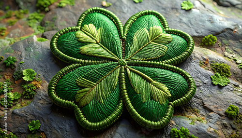 Embroidered four-leaf clover with detailed green foliage resting on a mossy, rocky surface, symbol of luck and nature