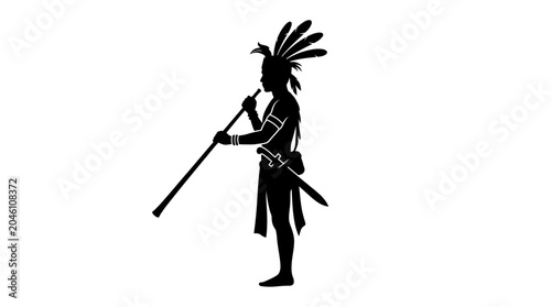 Warrior with spear and feathered headdress.