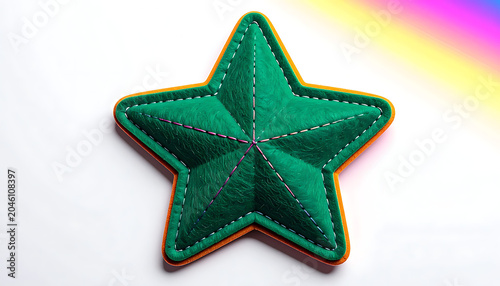 Emerald green textured star patch with orange border and stitched details, isolated on white with rainbow gradient background