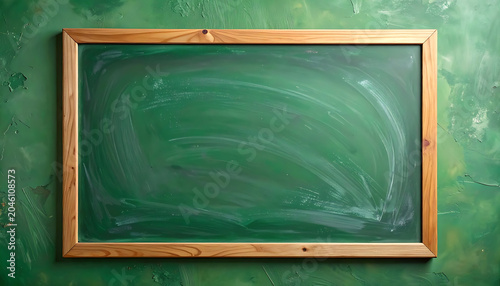 Empty classroom blackboard with wooden frame and chalk dust, green background with textured wall, back to school concept