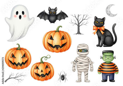 highly detailed photorealistic flat lay of whimsical watercolor clip art: ghost, cat with orange ribbon, bat, mummy, and pumpkins on a transparent background. concept for commercial halloween graphics
