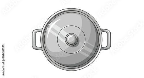 Top View Silver Metal Cooking Pot with Lid and Handles Kitchenware Illustration