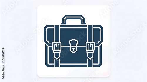 Navy blue briefcase icon with buckles and handle on white square, light blue background.