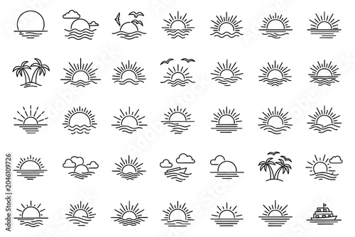 Set of sunrises and sunsets outline line art illustrations. Sun over ocean waves with clouds and palm trees icon set.