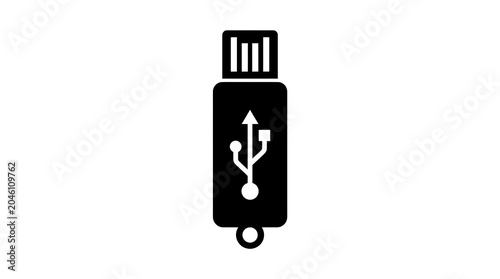Black USB flash drive icon with white USB symbol and arrow, centered on plain background.