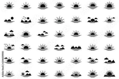 Set of sunrises and sunsets solid black illustrations. Sun over ocean waves with mountains and clouds icon set.