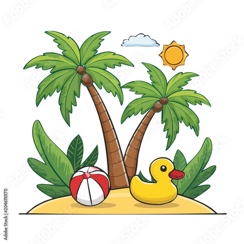 Cartoon tropical island with palm trees, duck, and beach ball