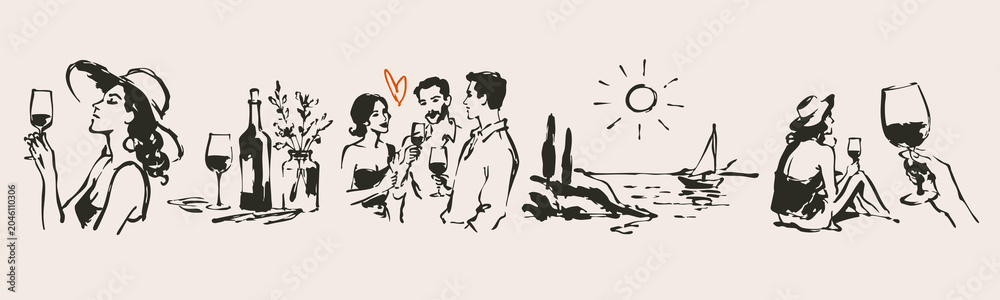 Fototapeta premium People enjoying wine, glasses, bottle, sea, sun. Celebrating, toasting, vacation, summer concept. Hand drawn trendy Vector illustration. Isolated design elements