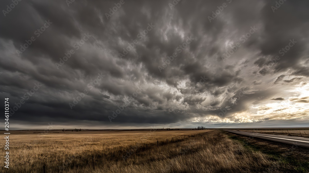 Obraz premium Wide open prairie landscape under a massive swirling storm sky with a lonely road, creating a powerful background for themes of journey and solitude.
