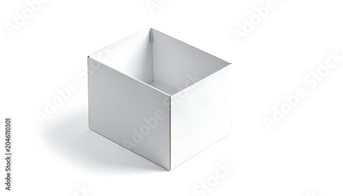 Empty open white cardboard box casting a soft shadow on a white background, clean presentation