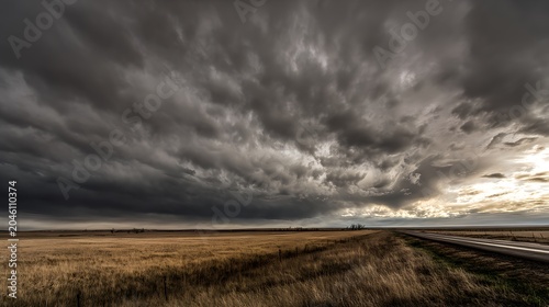 Wide open prairie landscape under a massive swirling storm sky with a lonely road, creating a powerful background for themes of journey and solitude.