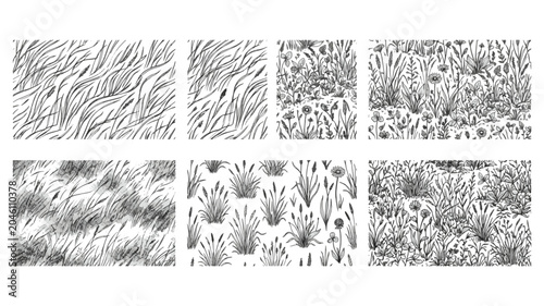 CAD Landscape Wild Grass Hatch Patterns and Architectural Softscape Meadow Textures Set with Flowering Vegetation Swatches
