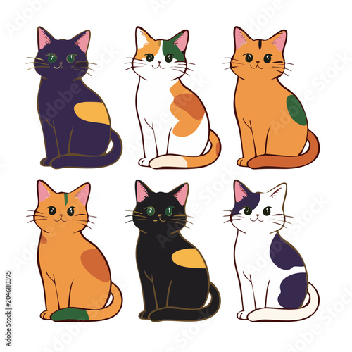 Collection of Six Cute Cartoon Cats Sitting