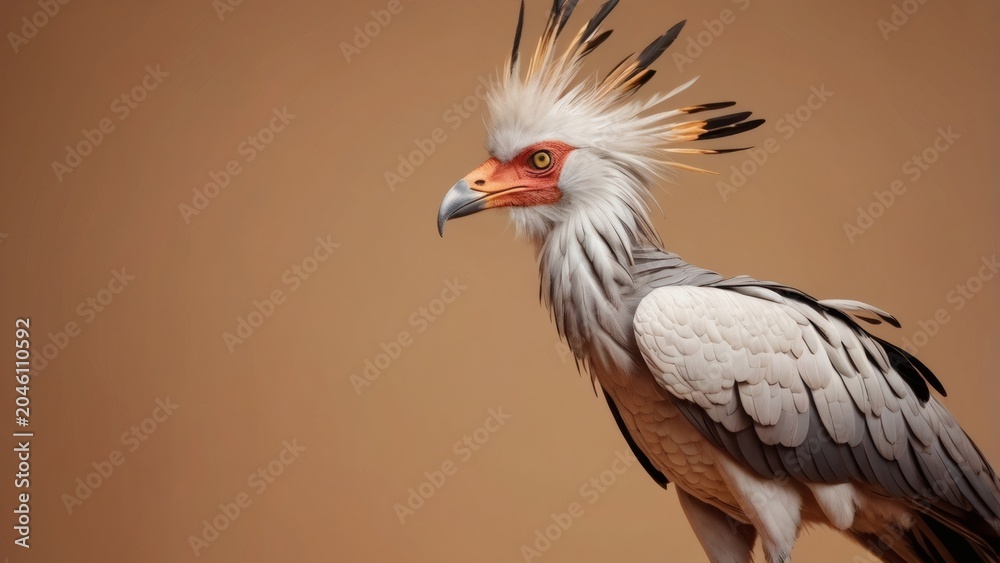 Fototapeta premium A close-up portrait of a secretary bird standing against a plain brown background.