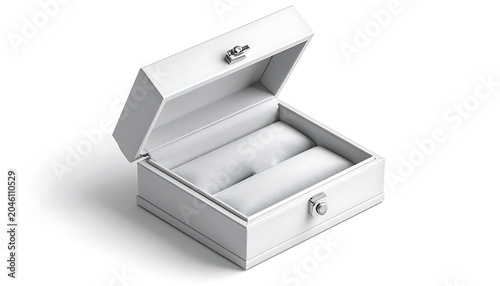 Empty opened white jewelry box with soft lining, elegant packaging for rings or earrings, isolated on white background
