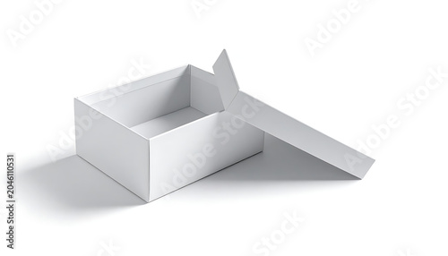 Empty open white cardboard box with lid slightly ajar casting a shadow, isolated on a white background