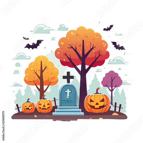 Halloween scene with jack-o-lanterns and tombstone
