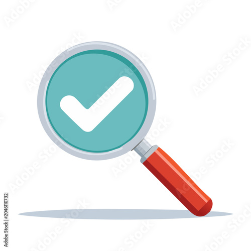 Magnifying glass with a checkmark inside, flat design