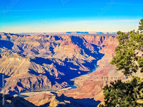 Scenic view of the Colorado River winding throught the Grand Canyon at sunset, Arizona, USA - January 2012