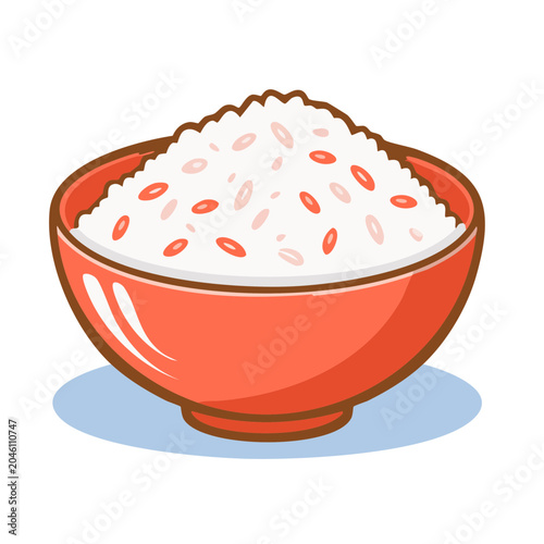 Illustration of a bowl of white rice with red accents