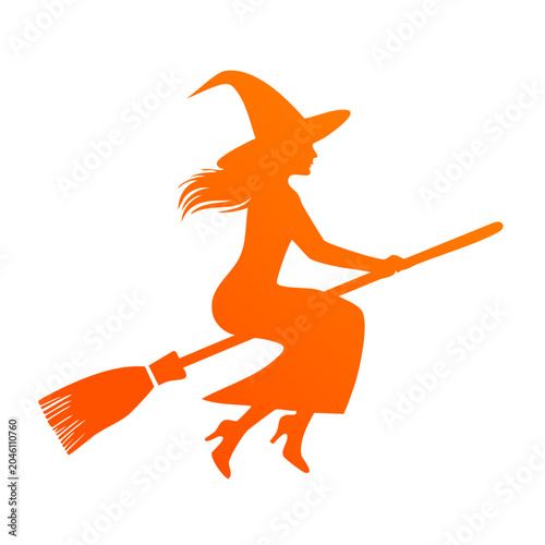 Orange silhouette of a witch flying on a broomstick