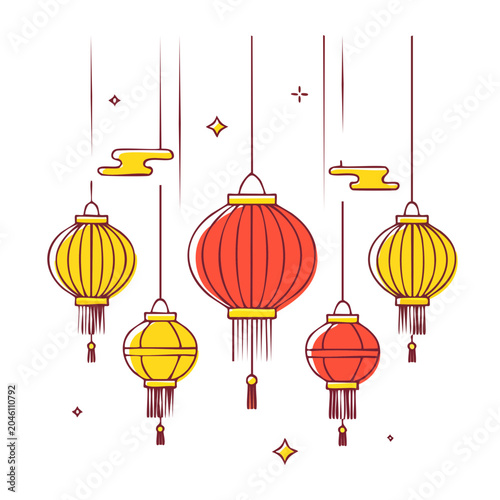Red and yellow chinese lanterns with decorative elements
