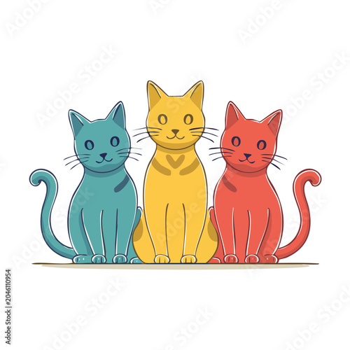 Three colorful cats sitting together