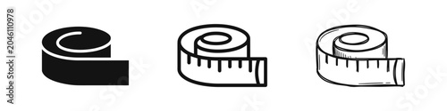 Bild auf Leinwand Measuring tape icon set in solid, outline, and hand-drawn styles for fitness, tailoring, and construction