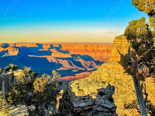 Scenic view of the Colorado River winding throught the Grand Canyon at sunset, Arizona, USA - January 2012