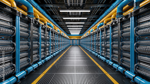 Data center server room with cooling pipe network and modern technology infrastructure concept