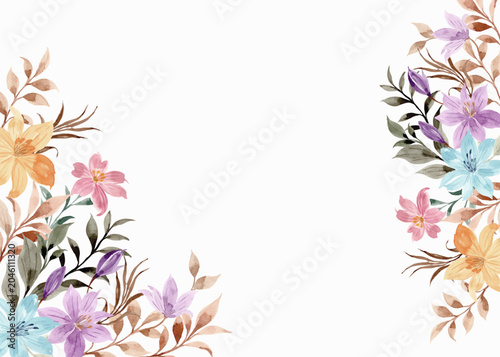 Pastel Watercolor Floral Corner Frame with Botanical Flowers and Leaves Border