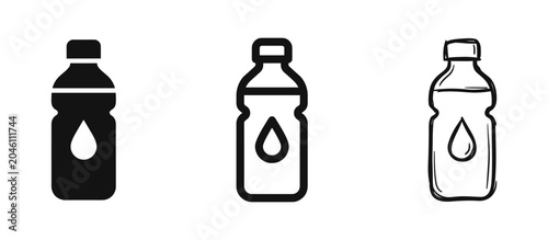 Fotografie Plastic water bottle icon with drop symbol in three different design styles